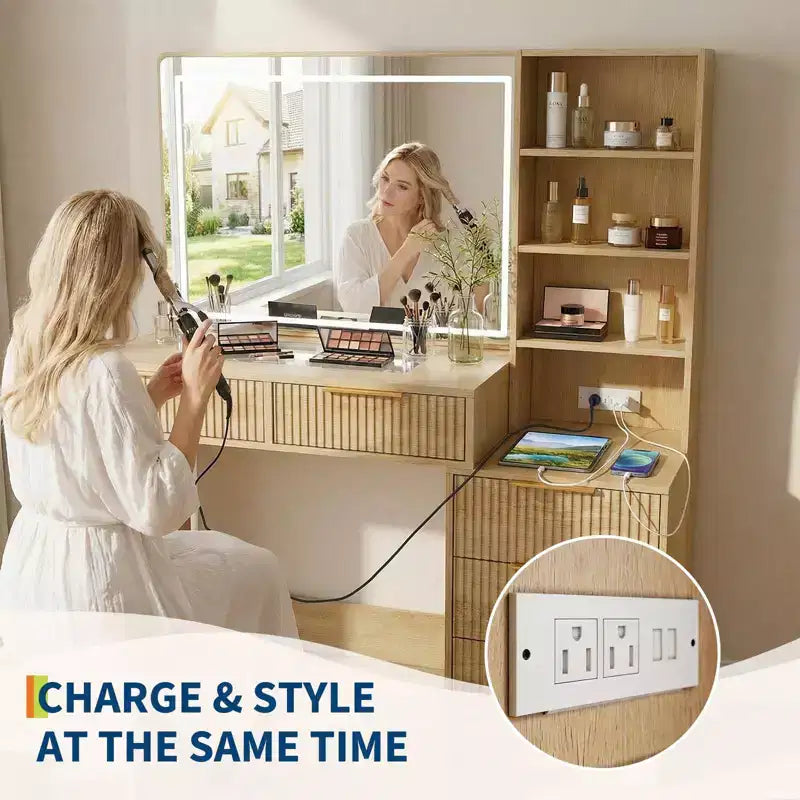 Vanity Desk with Mirror, 5 Drawers Glass Top Hairdryer Rack Wave Texture Makeup Table for Bedroom