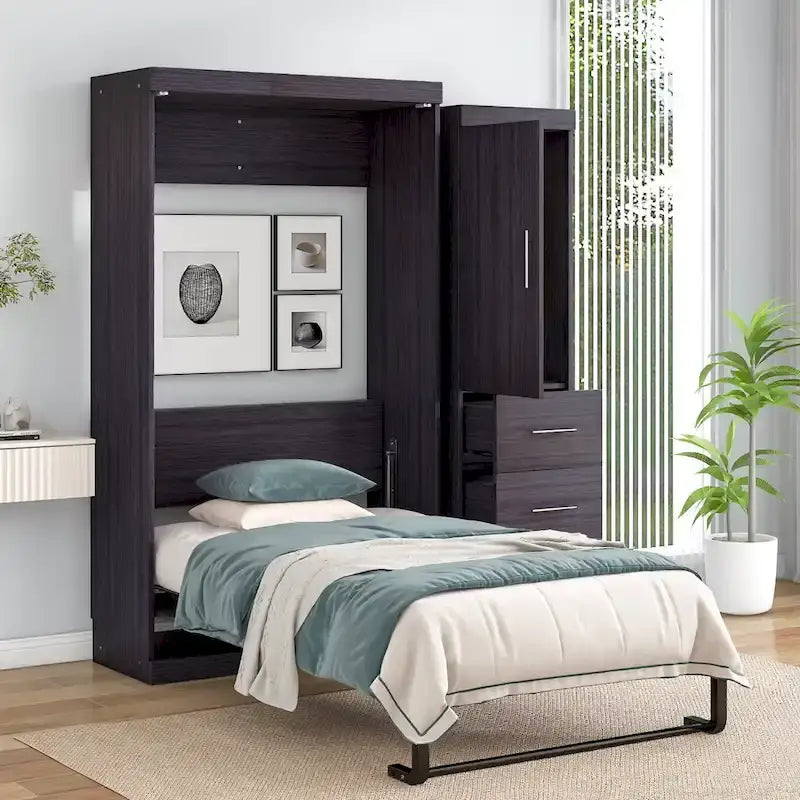 Gray Twin Size Foldable Murphy Bed Cabinet with 1 Wardrobe and 3 Drawers for 1 Person
