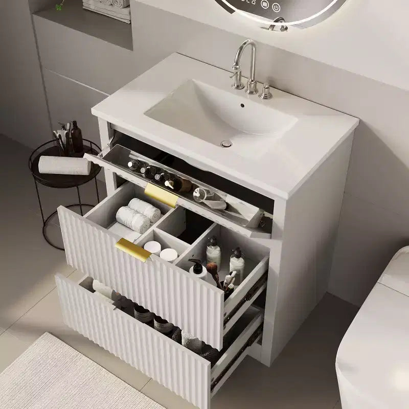 Modern Fluted Bathroom Vanity Set with Integrated Ceramic Basin Freestanding Bathroom Storage Vanity Cabinet with 3 Drawers for Contemporary Bathroom