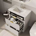 Modern Fluted Bathroom Vanity Set with Integrated Ceramic Basin Freestanding Bathroom Storage Vanity Cabinet with 3 Drawers for Contemporary Bathroom