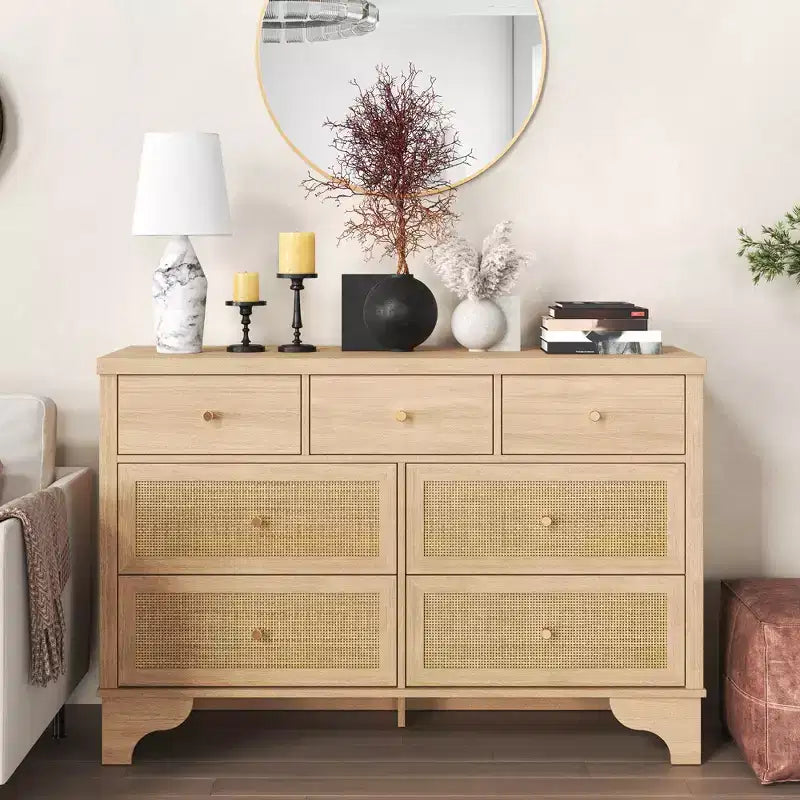 7 Drawer Dresser for Bedroom, 47.3 Wide Natural Rattan Chest of Drawers, Wood Boho Clothing Storage Organizer, for Living Room