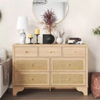 7 Drawer Dresser for Bedroom, 47.3 Wide Natural Rattan Chest of Drawers, Wood Boho Clothing Storage Organizer, for Living Room