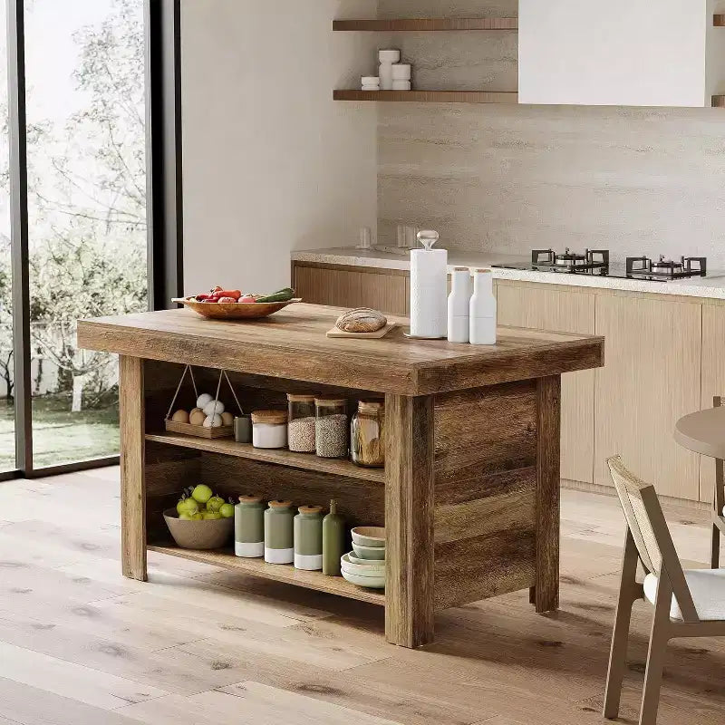 Lantine 55 Inches Kitchen Island with Storage, 3-Tier Wooden Stationary Island Table, Modern Bar Table with Storage Shelf for Kitchen, Rustic Brown