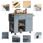 Movable Kitchen Island with Power Outlet, Drop Leaf and Rubber Wood Top