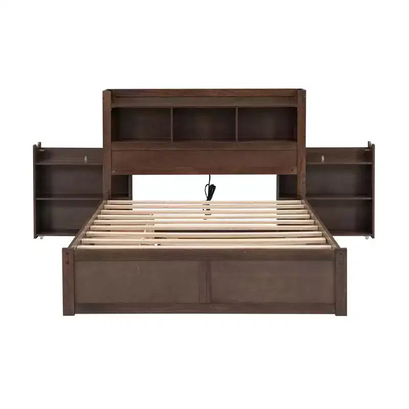Full Storage Platform Bed with Trundle, Bookcase Headboard and Charging Station, Wooden Full Size Bed Frame with Shelves and Drawers