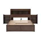 Full Storage Platform Bed with Trundle, Bookcase Headboard and Charging Station, Wooden Full Size Bed Frame with Shelves and Drawers