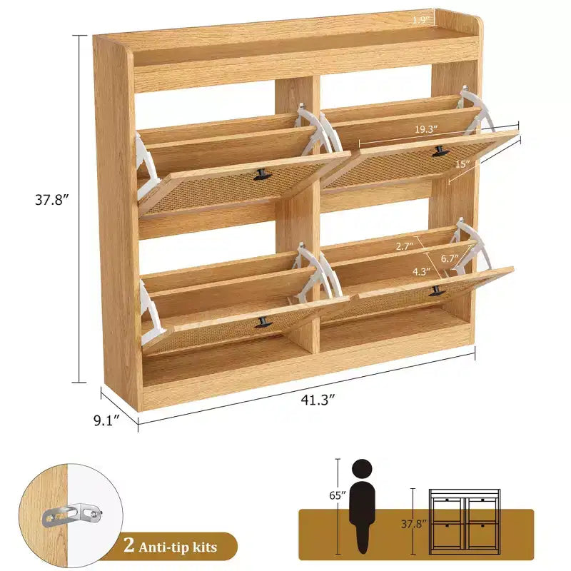 Meuble à Chaussures avec 4 Tiroirs Basculants, Meuble à Chaussures en Bois avec Portes en Rotin et Étagères Réglables - Organisateur de Chaussures Autonome