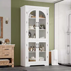 70 Tall Kitchen Pantry Cabinet, Modern Display Cabinet with 4 Arched Glass Doors and Adjustable Shelves, for Kitchen, Living Room, Dining, Bathroom