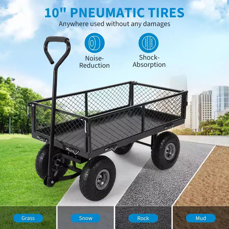 Heavy Duty Steel Garden Cart Wagon, 500 Lbs, Folding Utility Wagon with Removable Mesh Sides & Liner, 10 Pneumatic Tires, Pull Handle