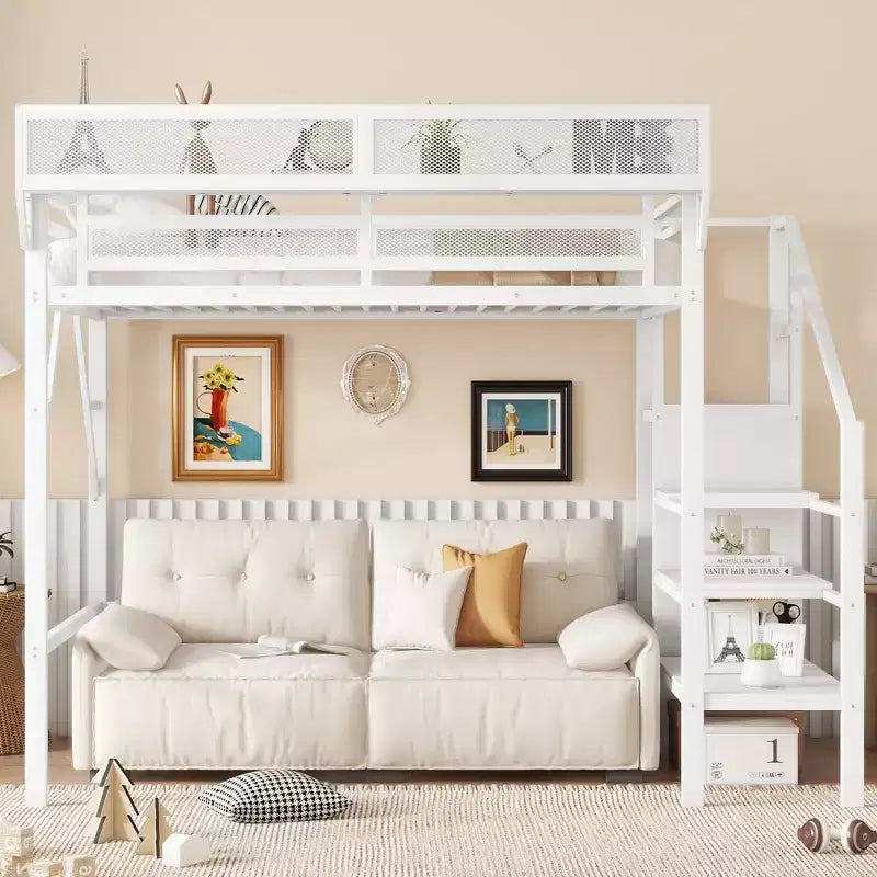 Okak 94IN Twin Size Loft Bed with Wardrobe, Twin Bed with Storage Shelves and Basket, Bed Frames for Bedroom, Dormitory