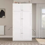 Tall Kitchen Pantry Cabinet with Power Outlets, Large Freestanding Cupboard with Microwave Stand, Drawers, Shelves, Wine Racks & Door-Shelf