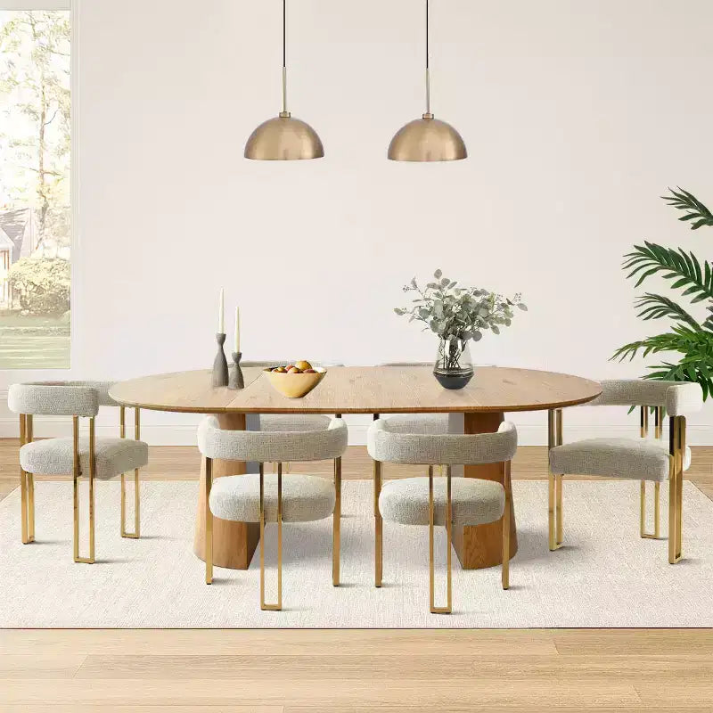 3-in-1 Oval Extendable Dining Table Set with 6 Chenille Upholstered Chairs Featuring Gold Metal Legs, Versatile Dining Furniture-Panipeachy