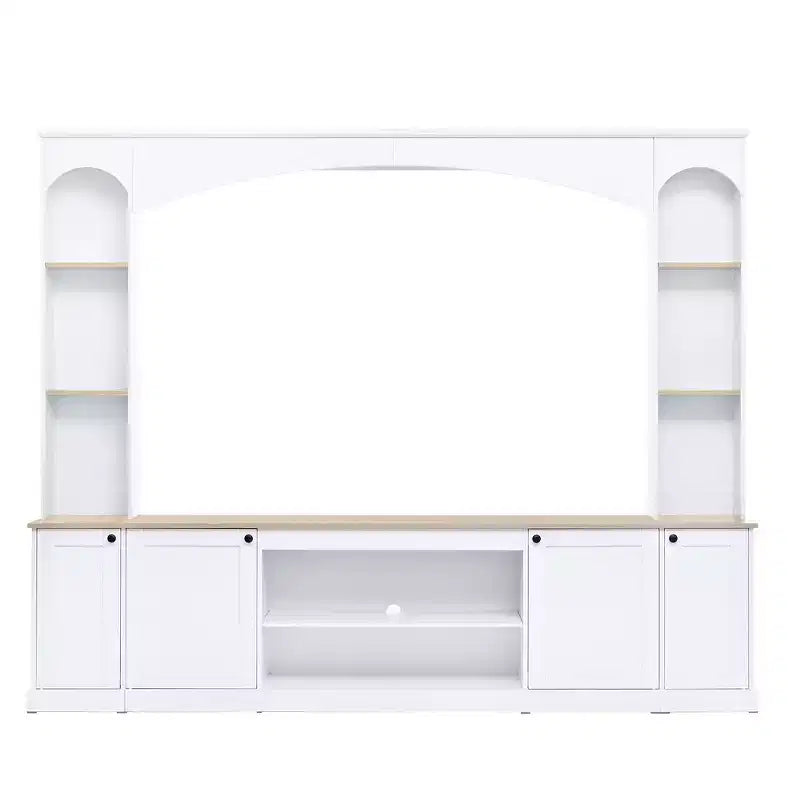 Whisen 91 Media Console, Arched Entertainment Center Wall Unit, Farmhouse TV Stand with Bookshelf, Wood Grain for TVs Up to 70
