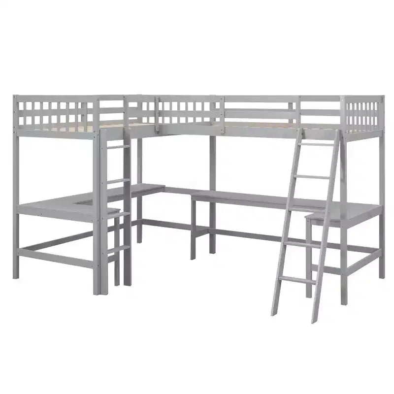 119''L 79.5''W Wood Twin Size L-Shaped Loft Bed with Ladder and 2 Built-in L-Shaped Desks
