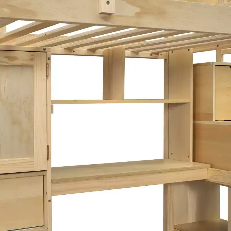 Wood Twin Size Bunk Bed with Desk and Staircase, L-Shaped Twin over Twin Loft Bed with Storage Compartments and Shelves