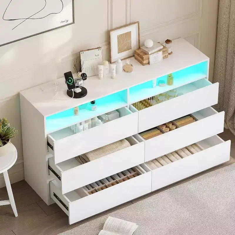 6-Drawer Double Dresser with LED Lights, Wide Storage Chest with Open Shelving,White