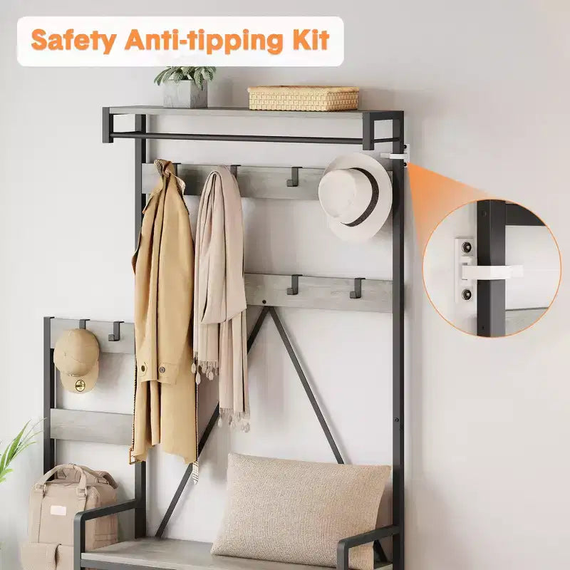 Entryway Shoe Storage Rack with Bench, Coat Rack Hall Tree with 7 Hooks and Storage Shelf, Entryway Coat Rack for Hallway Mudroom Bedroom