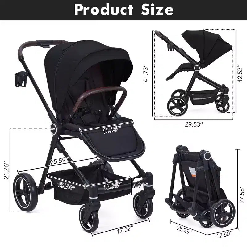 Baby Stroller, Foldable Stroller - High Landscape Pushchair for Newborn & Toddler, Convertible Pram with Reversible Backrest
