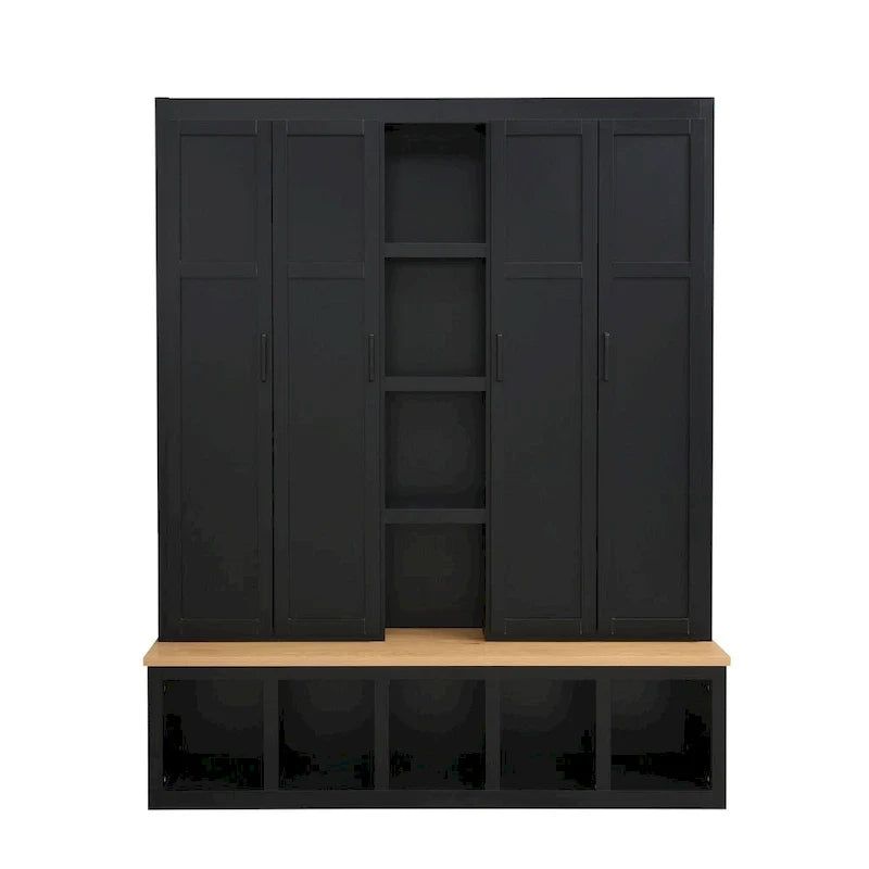 Black / White / Blue Farmhouse Hall Tree with Shoe Cabinet, Bench, Hooks and Open Shelves for 1窶・ Person