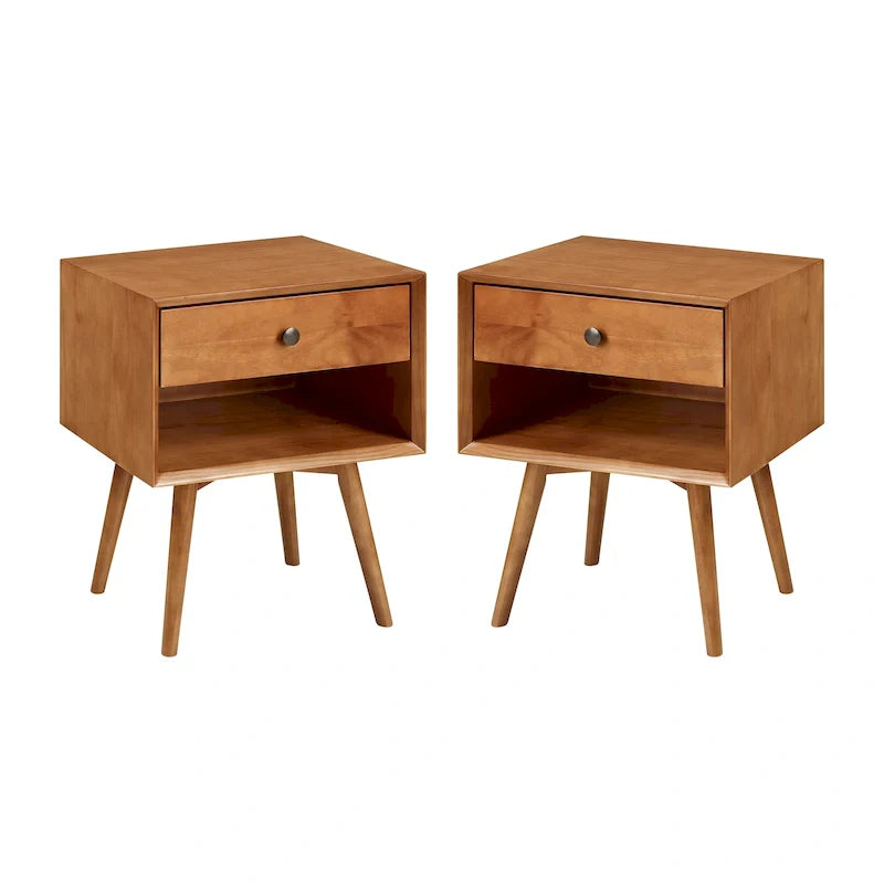 Set of 2 Mid-Century Solid Wood Nightstands with 1 Drawer, Bedroom Side Tables