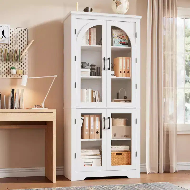 70 Tall Kitchen Pantry Cabinet, Modern Display Cabinet with 4 Arched Glass Doors and Adjustable Shelves, for Kitchen, Living Room, Dining, Bathroom