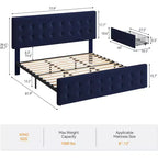 Storage Bed Frame with 4 Drawers & Adjustable Headboard - Upholstered Platform Bed
