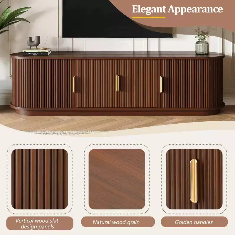 Meuble TV en bois GDFStudio Roy Farmhouse avec porte coulissante à tambour et rangement réglable