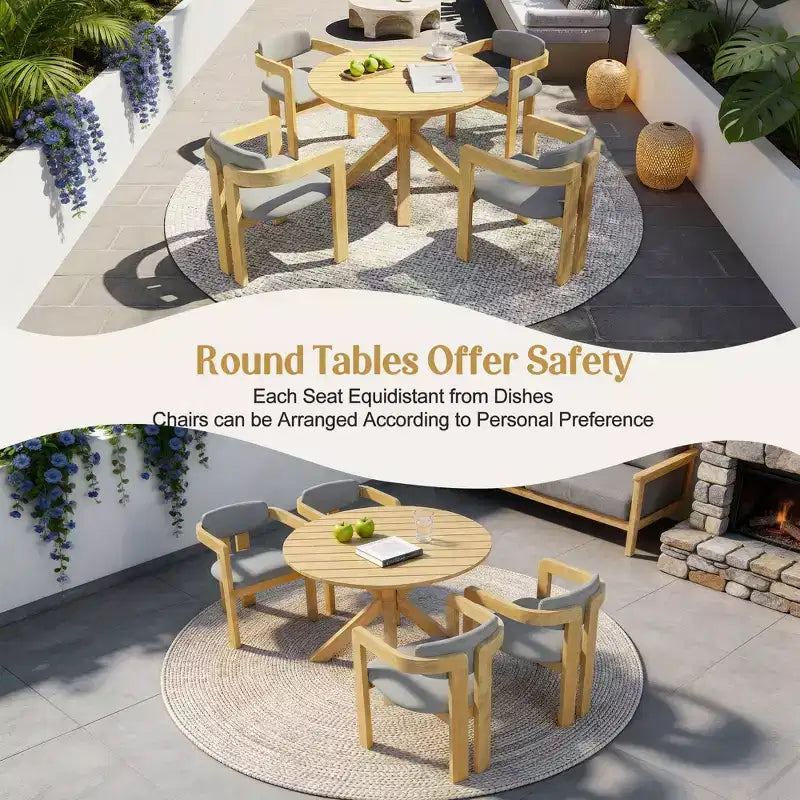 ModernLuxe 5pcs Outdoor Acacia Wood Round Dining Table Set, 47 Patio Table with 4 Cushioned Barrel Chairs for Garden/Patio/Backyard