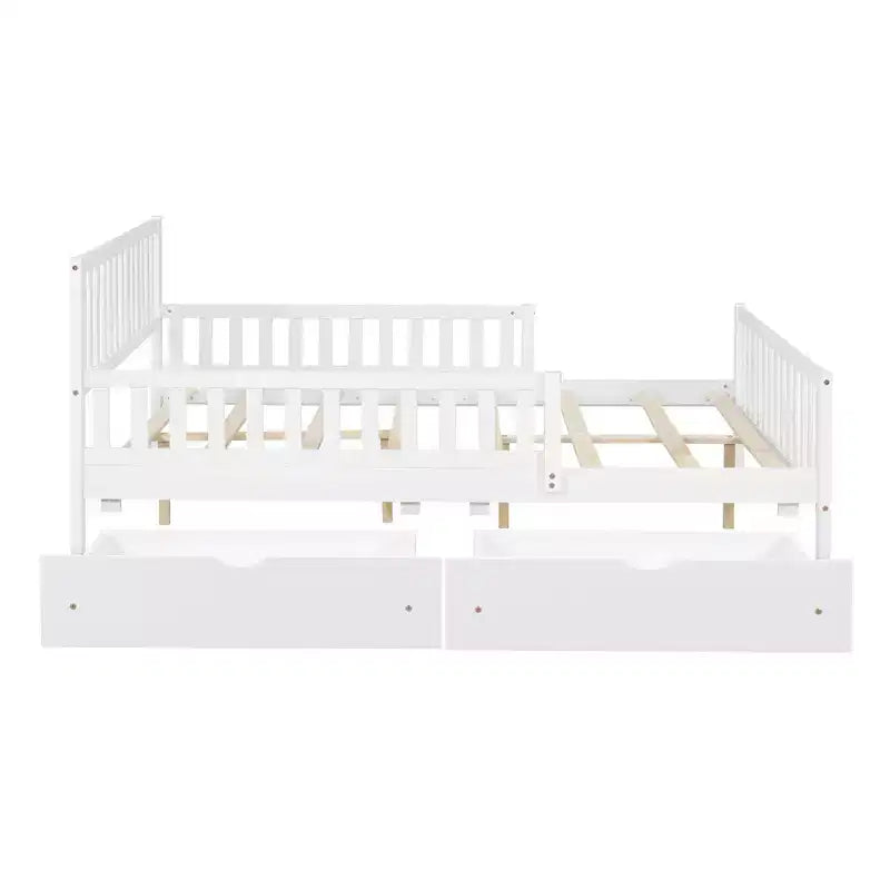Full Size Wood Platform Bed with Guardrails on Both Sides and Two Storage Drawers, White