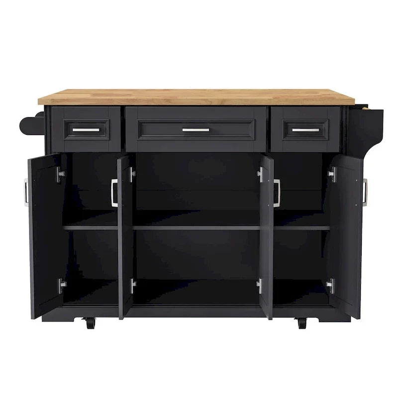 54  Large Kitchen Island with Rubber Wood Drop Leaf, Embossed Texture Rolling Kitchen Cart on 4 Wheels with 4 Doors & 3 Drawers