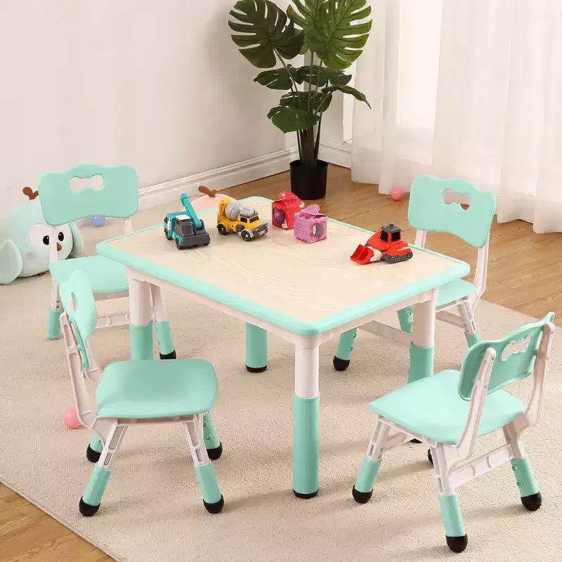 Children's table and 4 chairs, height-adjustable, doodle tabletop, multifunctional children's table and chair set for reading, drawing, dining