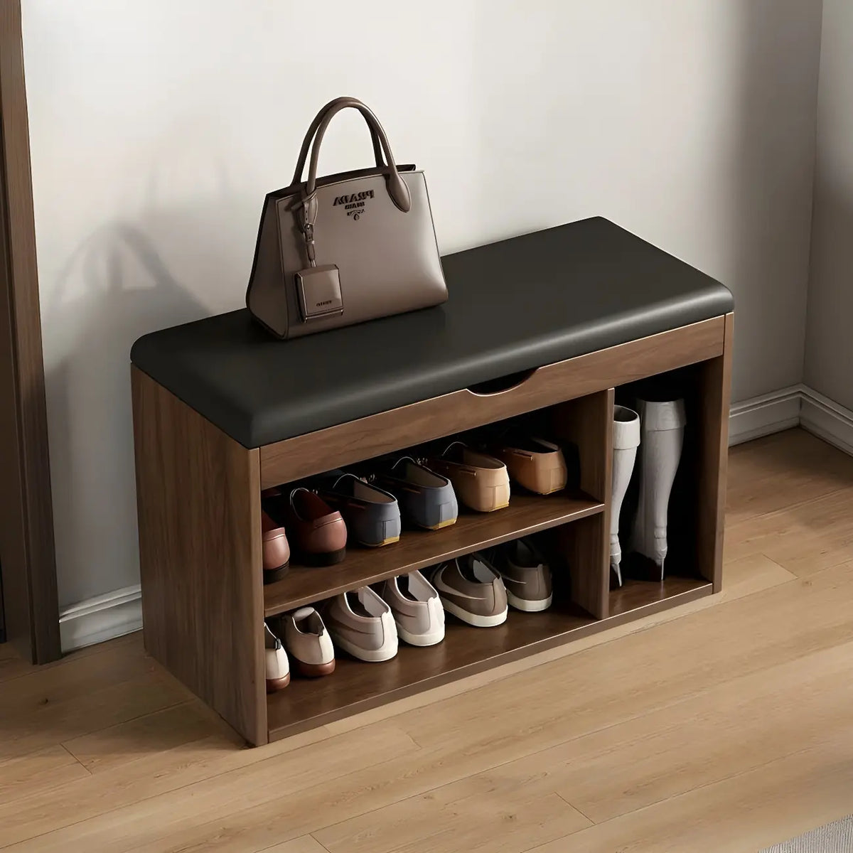 Banc de rangement à chaussures en bois massif avec coussin et étagère ouverte