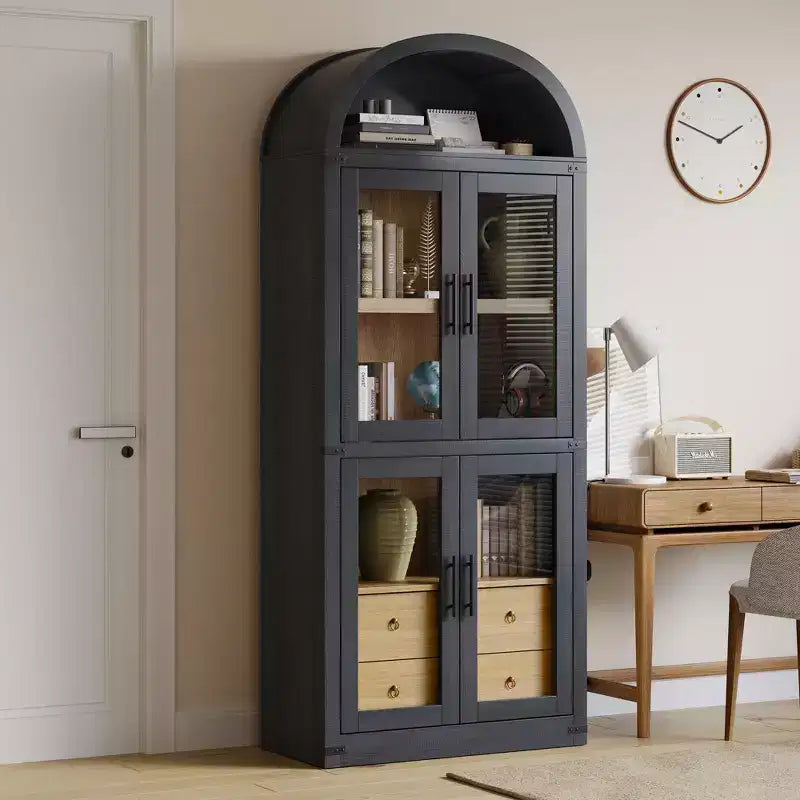 GustoWave 71.4 Tall Arched Bookcase with 4 Doors and 2 Drawers, 15.8 Depth Display Cabinet Storage Shelves ,Wooden Bookshelf