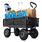 Heavy Duty Steel Garden Cart Wagon, 500 Lbs, Folding Utility Wagon with Removable Mesh Sides & Liner, 10 Pneumatic Tires, Pull Handle