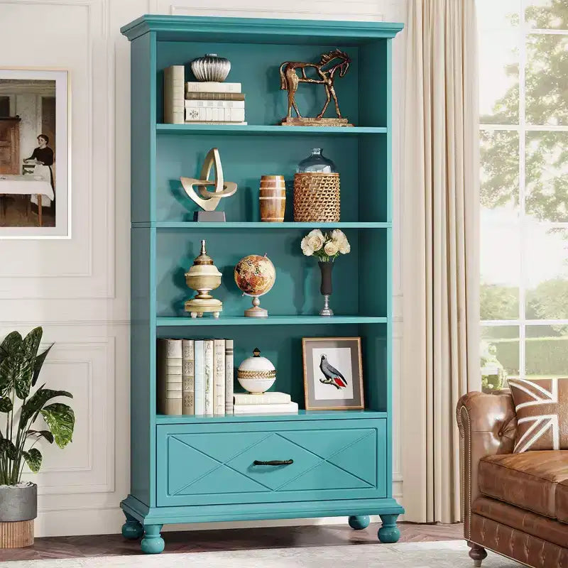 LITTLE TREE 70.87 6 Shelf Bookcase with Drawer and Solid Wood Legs Ocean Blue