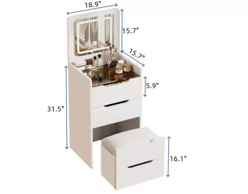 Okak 3-In-1 Vanity Table with Plip Top Mirror, Compact Vanity with Visible Glass Desktop and Cushioned Tool, Vanity Desk for Bedroom