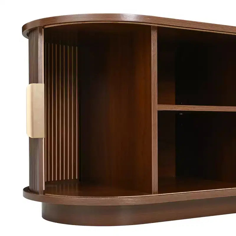 Meuble TV en bois GDFStudio Roy Farmhouse avec porte coulissante à tambour et rangement réglable