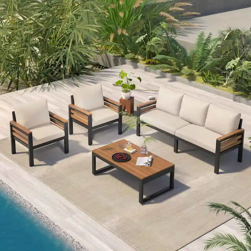 4-Piece Outdoor Sofa Set for 5 with Solid Wood Coffee Table and Removable Cushions
