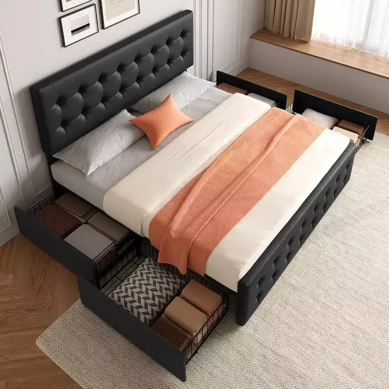 Storage Bed Frame with 4 Drawers & Adjustable Headboard - Upholstered Platform Bed