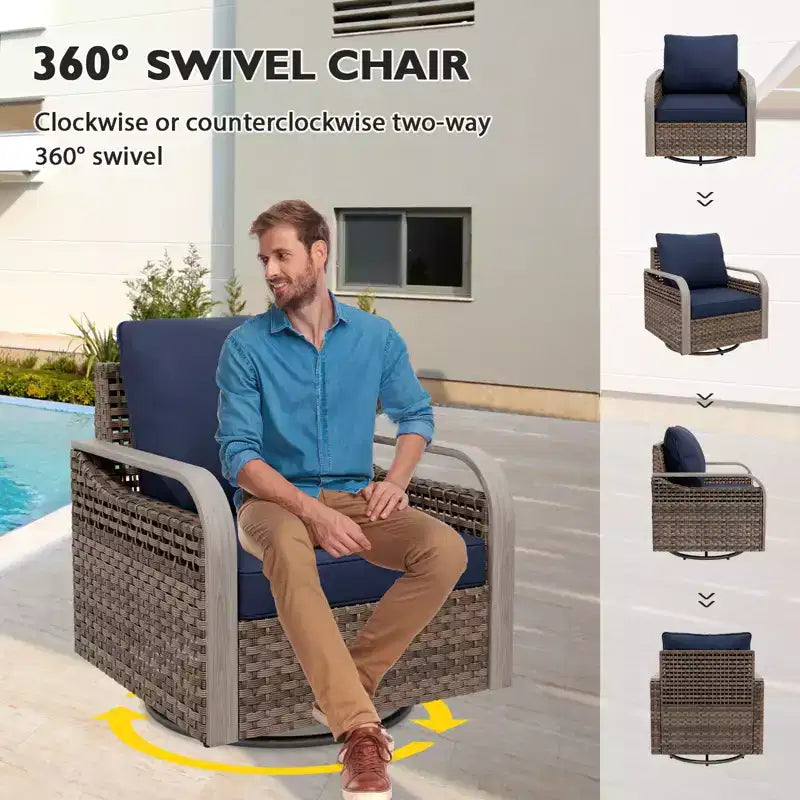 EAGLE PEAK Ensemble de conversation d'extérieur en osier pour patio, chaises pivotantes à bascule, canapé 3 places, causeuse, table, 8 pièces