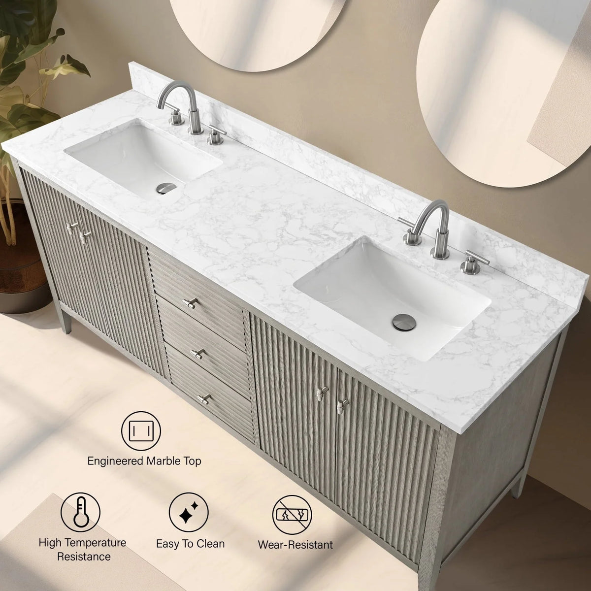 Vanity Art 72 Double Sink Bathroom Vanity Cabinet with Engineered Marble Top