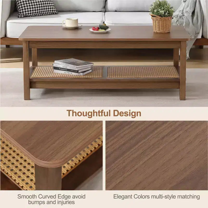 Bekrvio 47.2'' Boho Mid Century Modern Coffee Table, 2-Tier Rustic Rectangle Wood Center Table with Wood Legs & Rattan Shelf, for Living Room