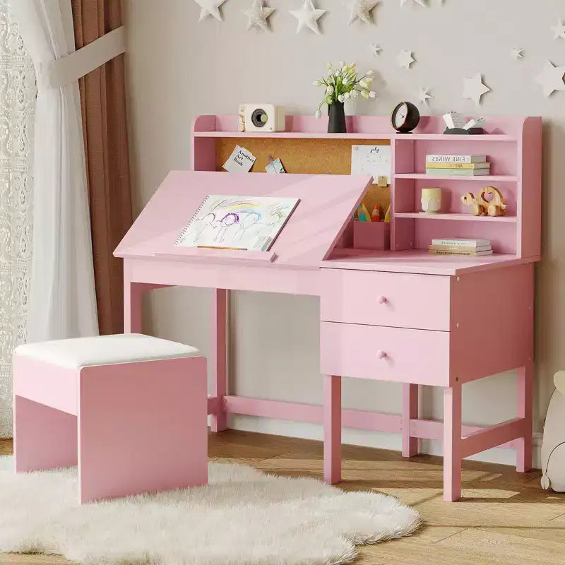 Kids Desk and Chair Set, Wooden Study Table with Adjustable Tilt Desktop, Drawers & Cork Board - Children School Learning Desk Set