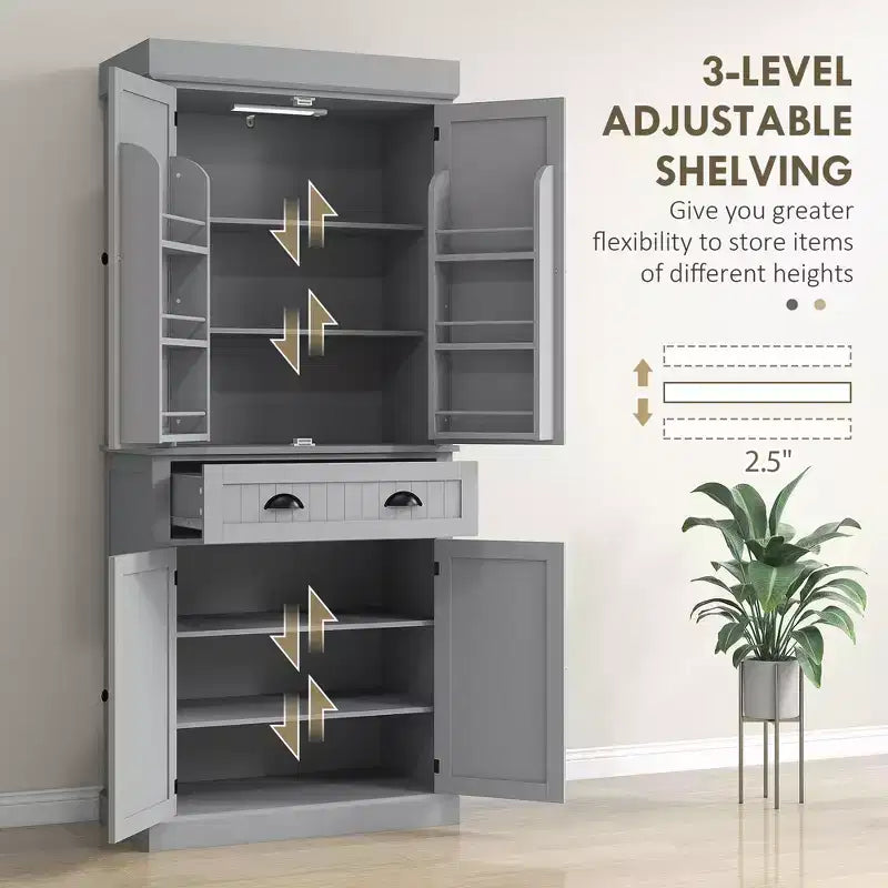 71 Kitchen Pantry Cabinet with LED Lights, 6 Door Shelves, a Drawer and 4 Adjustable Shelves