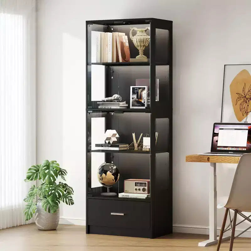 Skyzoo 5-Tier Glass Display Cabinet with LED Lights & Adjustable Shelves & 1 Drawer, Curio Cabinet for Home & Office