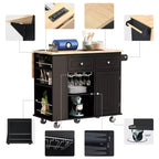 Movable Kitchen Island with Power Outlet, Drop Leaf and Rubber Wood Top