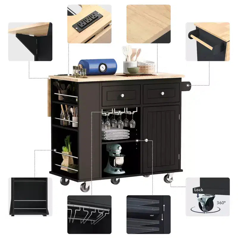 Movable Kitchen Island with Power Outlet, Drop Leaf and Rubber Wood Top