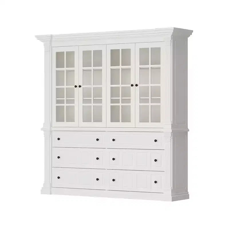 Grand buffet vaisselier blanc avec portes vitrées, bahut de rangement pour cuisine, salon, étagères à livres