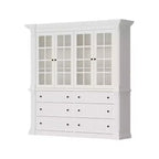 Grand buffet vaisselier blanc avec portes vitrées, bahut de rangement pour cuisine, salon, étagères à livres