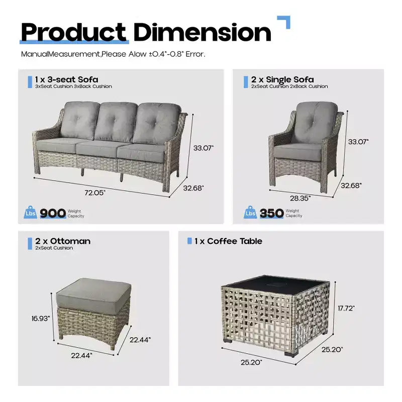 HOMLUX 6 PCS Patio Wicker Conversation Set 3-Seat Sofa with Cushion, Rattan Chairs, Ottomans, Coffee Table